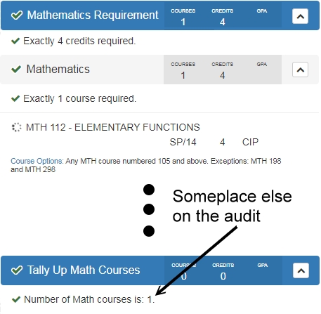 Example of a tied parameter showing a tally of math courses from disparate locations on an audit.